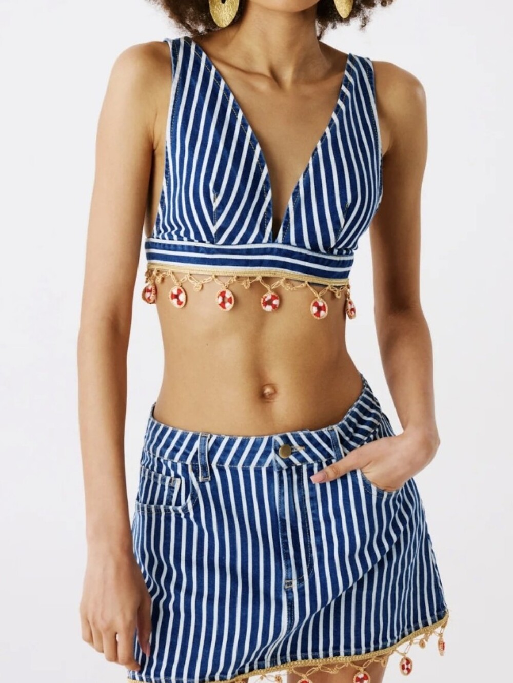 My Beachy Side Raven **Halter Top ** Only Denium Striped Nautical L NWT